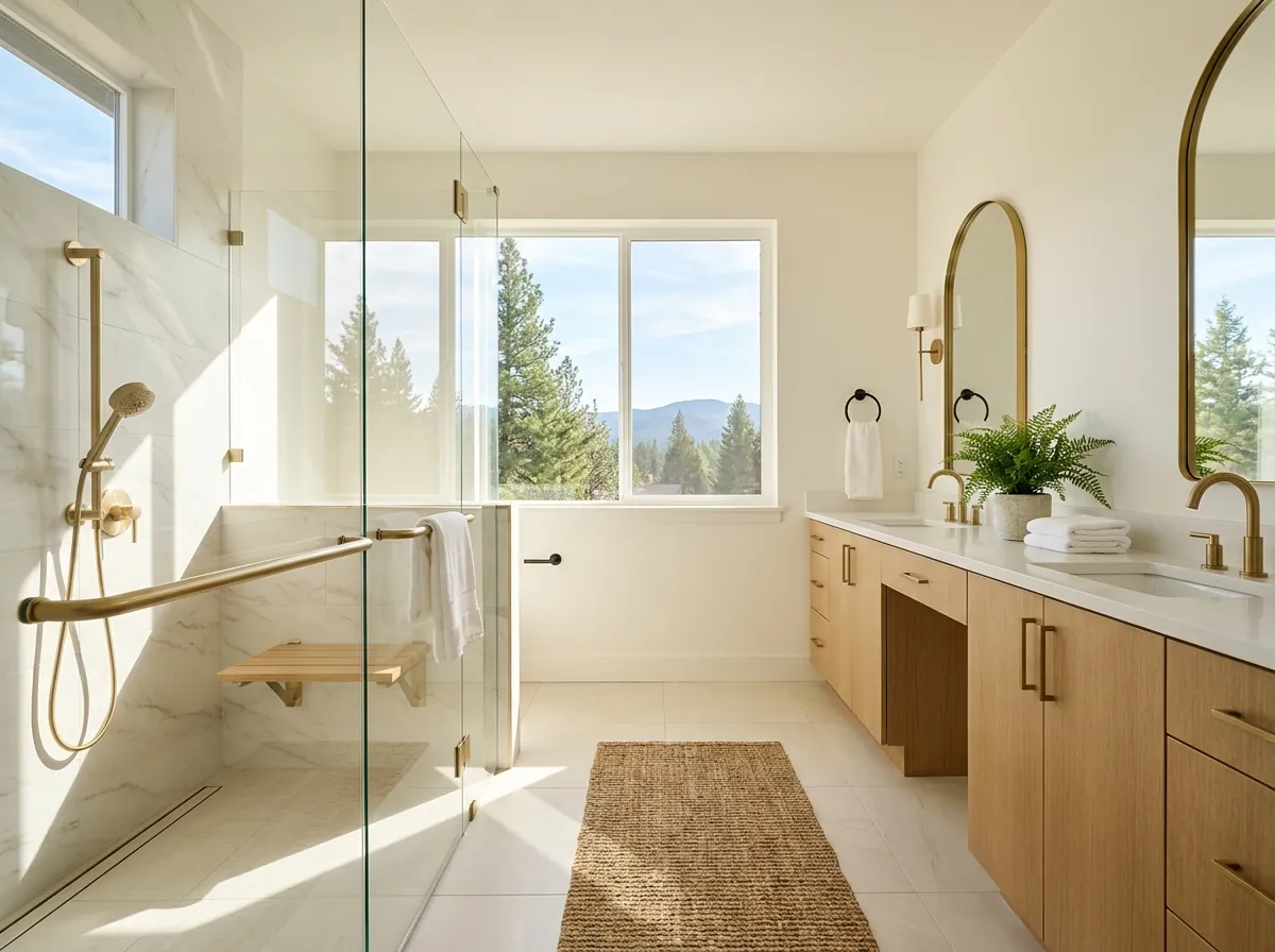 An accessible bathroom with a curbless shower entry, a built-in tiled bench and brushed brass grab bars