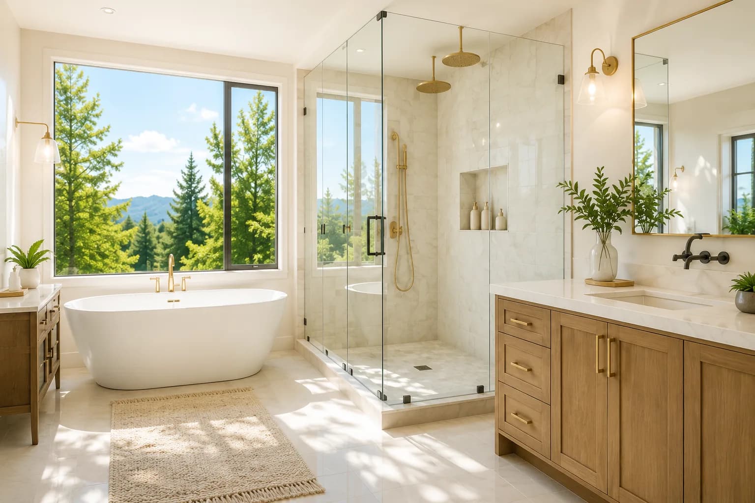 A bright bathroom with a freestanding tub beneath a large window, a frameless glass shower, a white oak vanity with a quartz counter, and brushed brass fixtures
